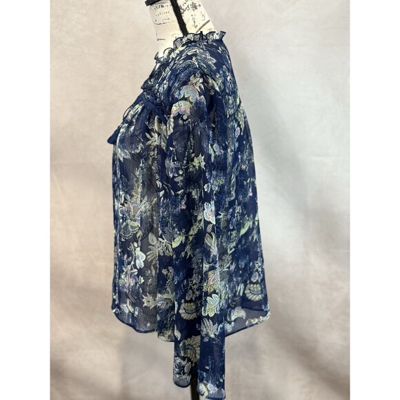 Ana Women’s Beautiful Blue Floral LS Blouse With Tassel Collar Size S - Picture 5 of 5